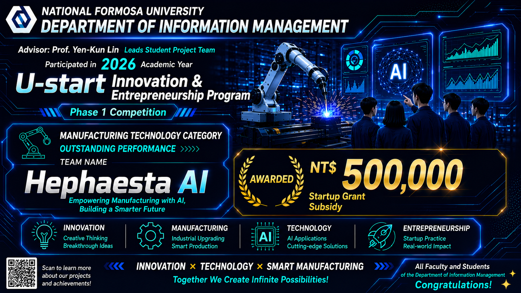 Prof. Yen-Kun Lin’s Student Team "Hephaesta AI" Wins NT$500,000 in 2026 U-start Program